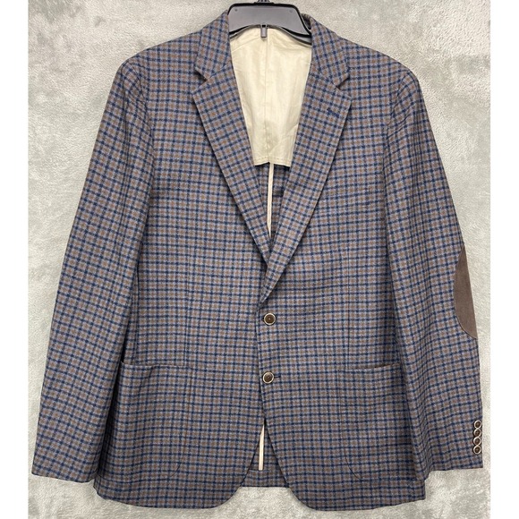 Peter Millar Men's Blazer Sport Coat Large Plaid Wool Two‎ Button Elbow Patches